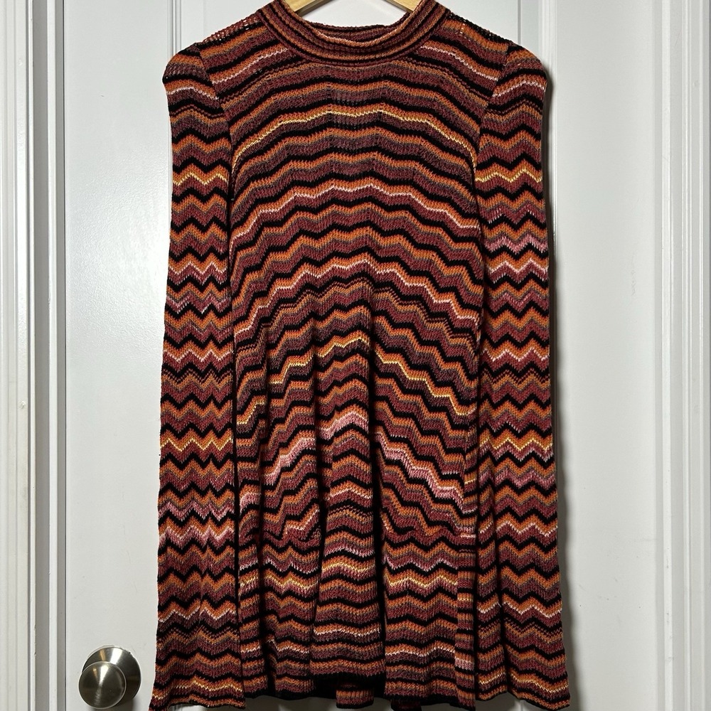 Free People Burgundy Orange Multicolor Zig-Zag Long Bell Sleeve Knit Ziggy Tunic